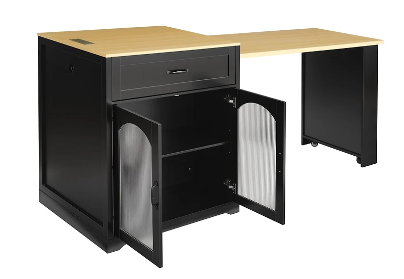 Noble House Extendable Counter Table with Wheels & Power Outlet,Black+Natural
