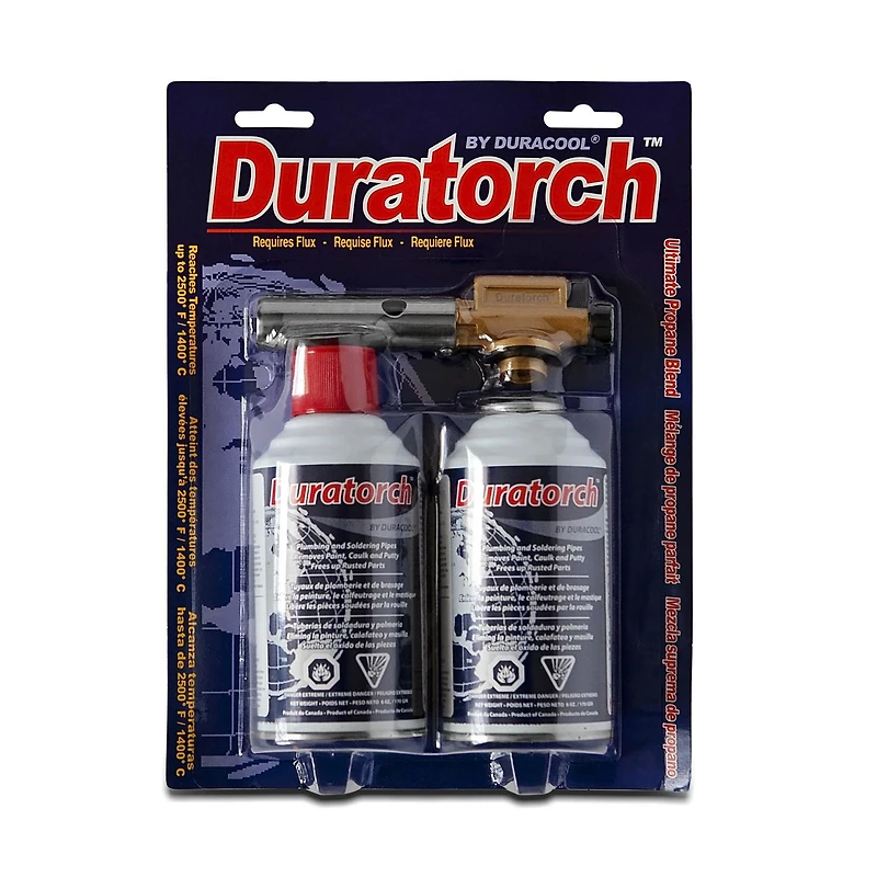 Kit de torche Duracool® DuraTorch™, comprend une tête de luxe à allumage automatique et 2 bidons de carburant pour torche. Jusqu'à % heures de temps de combustion par bidon de carburant.
