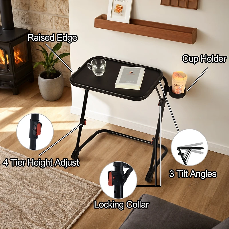 Homy Casa 1-Piece 21.26'' Folding Tray Table, Adjustable Height Side Table with Cup Holder for Sofa Bed, Black
