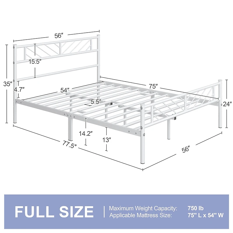 FullFurnique Minimalist Metal Platform Bed with Arrow Design Headboard for Adults, Full, White