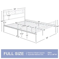 FullFurnique Minimalist Metal Platform Bed with Arrow Design Headboard for Adults, Full, White