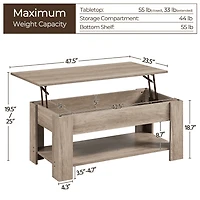 Fullfurnique Lift Top Coffee Table with Large Hidden Compartment and Storage Open Shelf, Gray