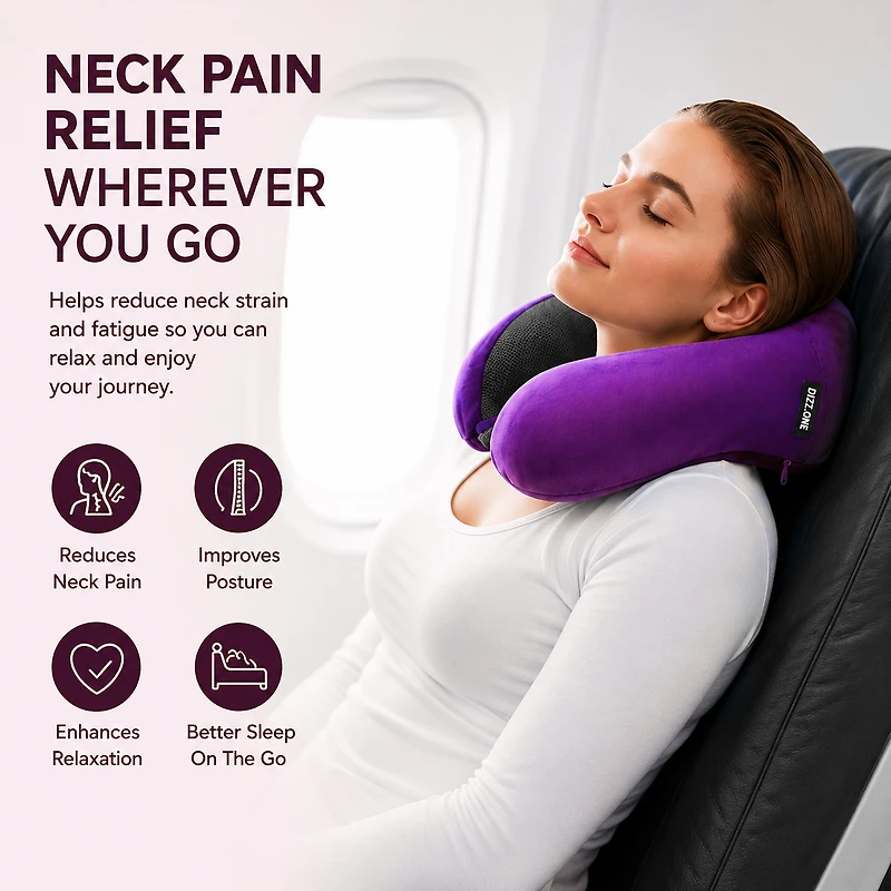 Oreiller cervical ergonomique en mousse mémoire Dizz One pour le voyage, se plie de façon compacte, violet