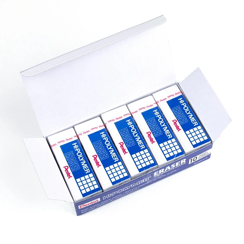 Pentel Hi-Polymer, High Quality Rubber Large White Block Eraser Box of 10