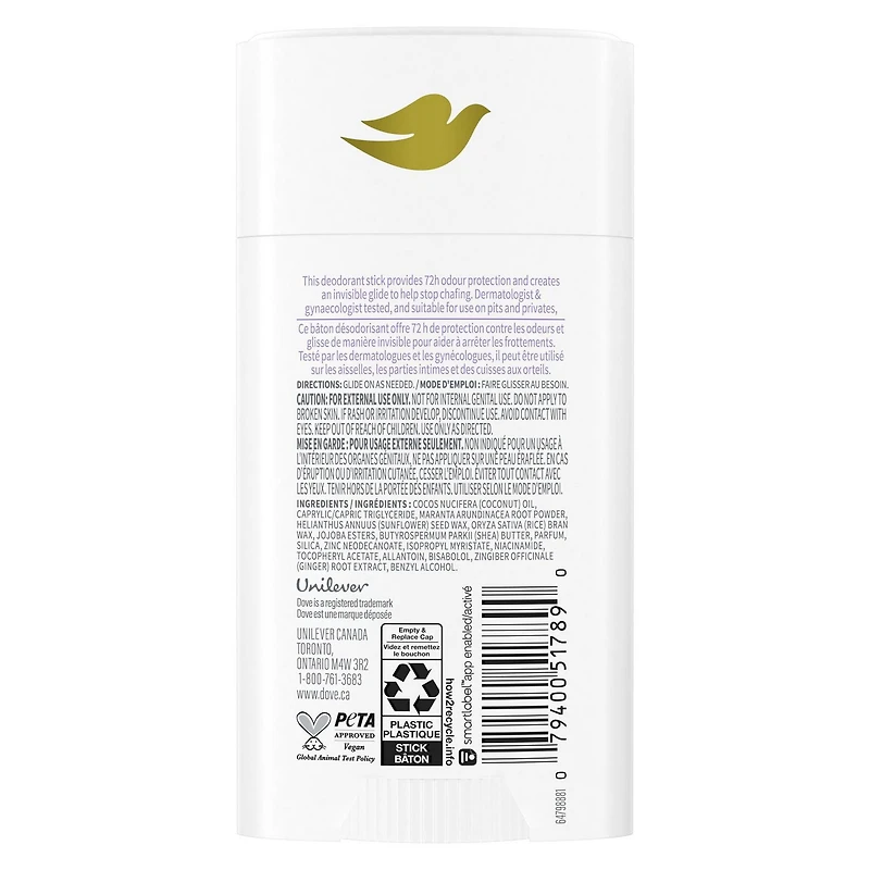 Dove Whole Body Deodorant Aluminum Free, Anti-Friction Stick Coconut & Vanilla Scent