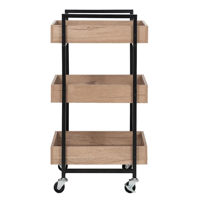 Better Homes & Gardens 3-Tier Wooden & Steel Rolling Utility Cart; Durable Metal Frame; Natural Oak and Black Metal Finish with Locking Casters.