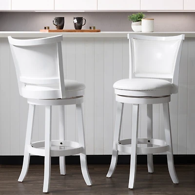CorLiving Wesley Solid Wood Swivel Bar Height Indoor Barstools with Faux Leather Upholstered Padded Seats and Backs, White (Set of 2)