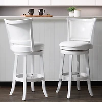CorLiving Wesley Solid Wood Swivel Bar Height Indoor Barstools with Faux Leather Upholstered Padded Seats and Backs, White (Set of 2)