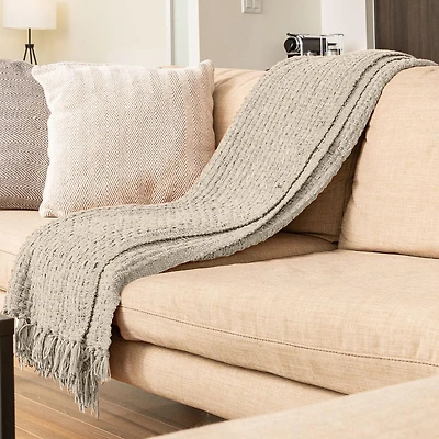 Jeté en tricot natté en chenille avec frange, couverture légère et respirante en chenille pour canapé, chaise, lit, usage extérieur