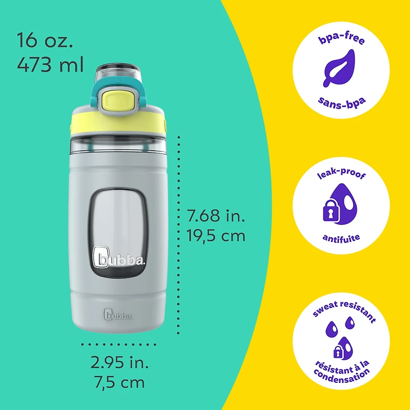 Bouteille d’eau pour enfants Flo bubba, 473 ml, large ouverture, manchon en silicone, couvercle à bouton-poussoir