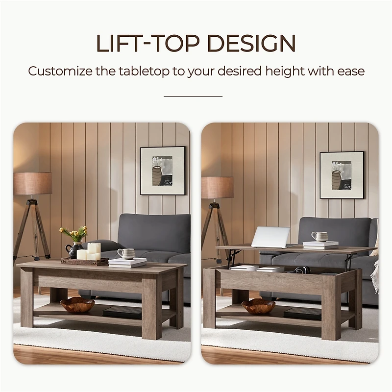 Fullfurnique Lift Top Coffee Table with Large Hidden Compartment and Storage Open Shelf, Gray