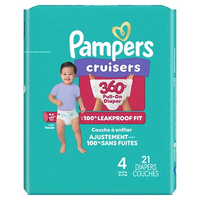 Couches Pampers Cruisers 360°, ajustement jusqu’à 100 % sans fuites, conçues pour les bébés actifs, couche à enfiler, rabats rapides conçus pour faciliter les changements, taille 4, 21 unités