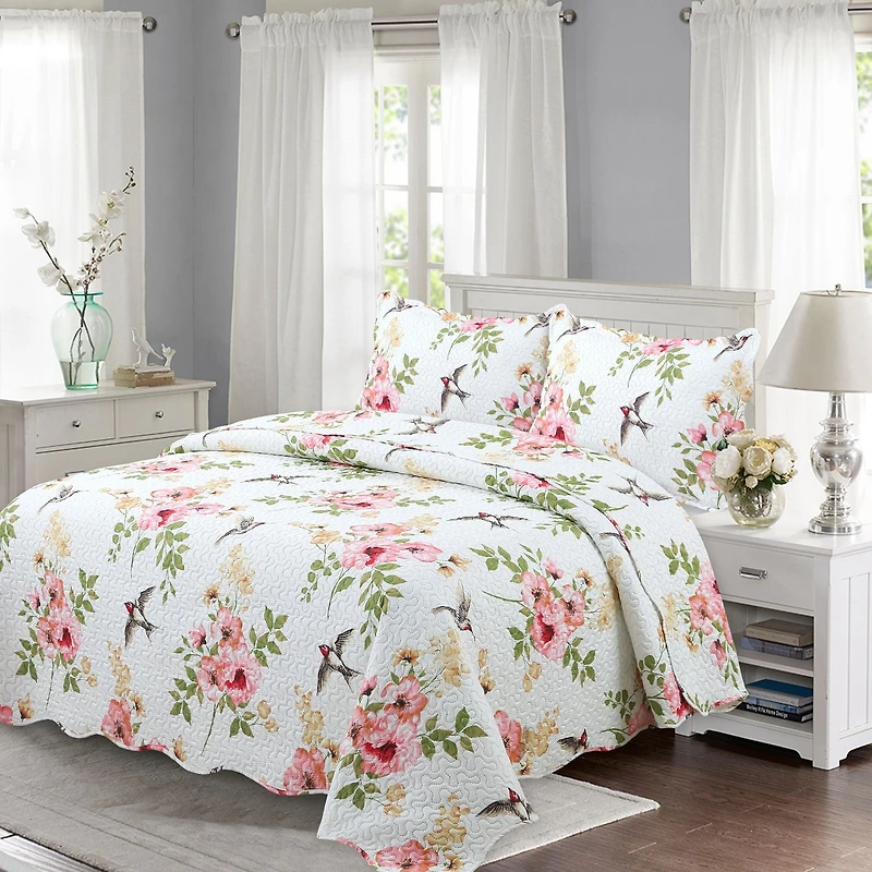 Marina Decoration Rich Printed Embossed Pinsonic Coverlet Bedspread Ultra Soft Bedding Summer Quilt Set with Shams, Pink Floral and Birds Pattern