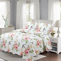 Marina Decoration Rich Printed Embossed Pinsonic Coverlet Bedspread Ultra Soft Bedding Summer Quilt Set with Shams, Pink Floral and Birds Pattern