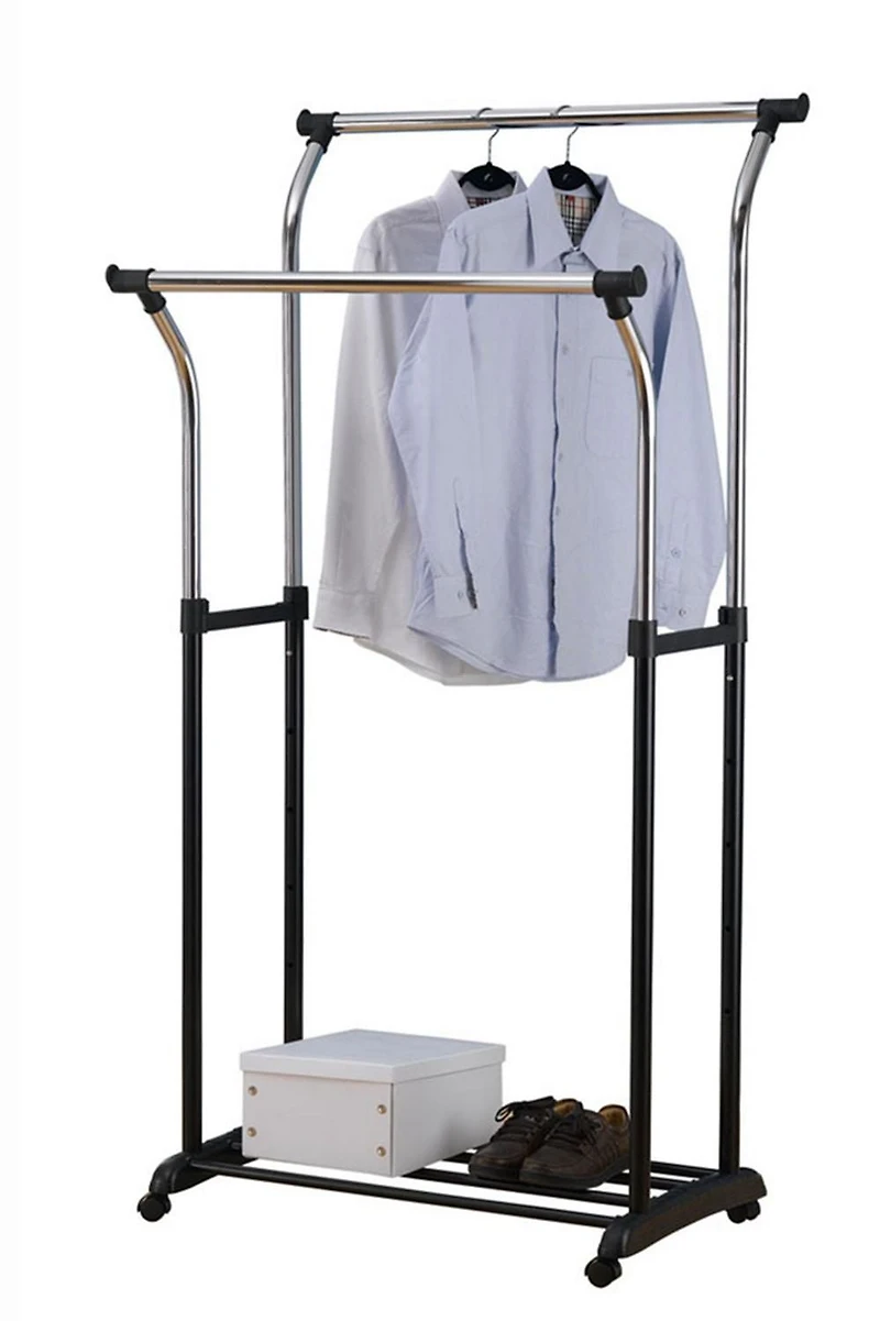 Vêtu de vêtements à double tige Mainstays, organisateur de vêtements roulant, noir/chrome, design évasé, hauteur réglable, rangement de vêtements longs et courts