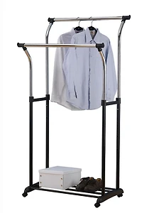 Vêtu de vêtements à double tige Mainstays, organisateur de vêtements roulant, noir/chrome, design évasé, hauteur réglable, rangement de vêtements longs et courts