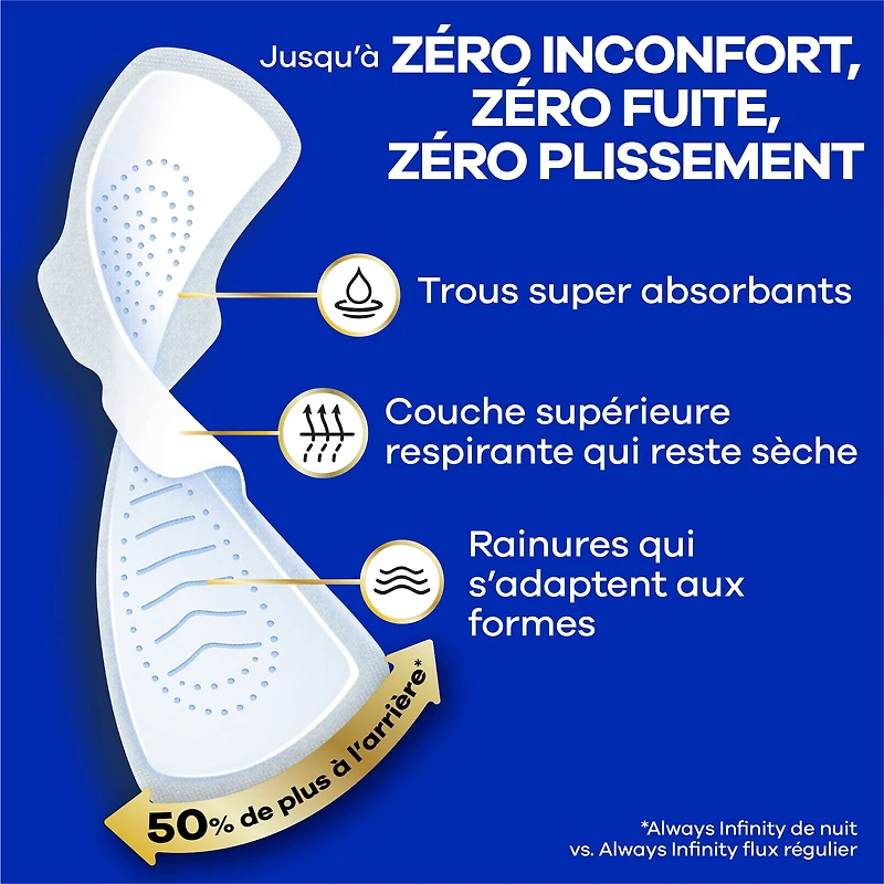 Serviettes Always Infini FlexFoam pour femmes, taille 5, de nuit, flux très abondant, avec ailes, sans parfum, 22 serviettes