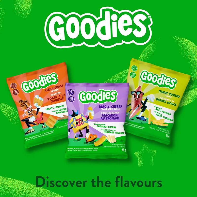 Goodies Mac & Cheese Flavoured Curls. Gluten free puffed snack perfect for lunchboxes and on-the-go moments.