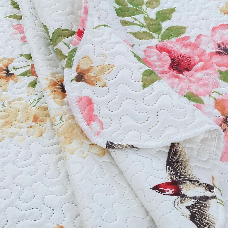 Marina Decoration Rich Printed Embossed Pinsonic Coverlet Bedspread Ultra Soft Bedding Summer Quilt Set with Shams, Pink Floral and Birds Pattern