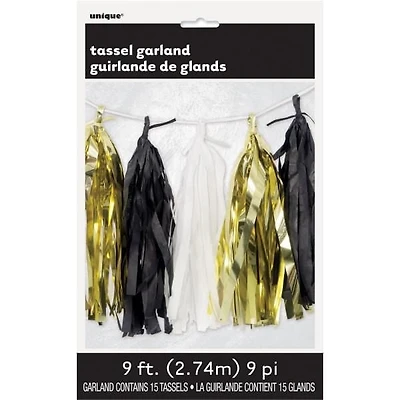 Gold, Black and White Tissue Tassel Garland, 9 ft