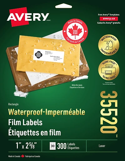 Avery Étiquettes imperméables 1" x 2⅝", pour imprimantes laser - 35520