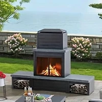 Sunjoy Wood Burning Fireplace, Matte Black Outdoor Steel Fireplace with Chimney, Log Holders, Fireplace Tool, and PVC Cover