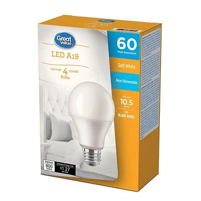 Great Value 60W A19 Soft White LED bulbs 4-pack