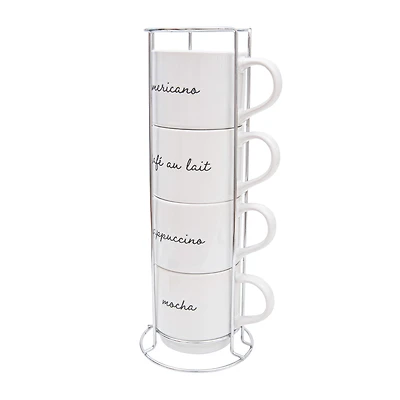 HomeTrends Mugs Empilable Emsemble 4 pièces avec Support en métal argenté