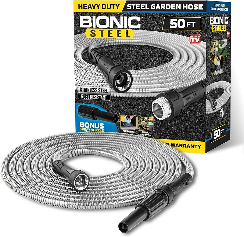 Bionic Steel Tuyau D’arrosage 50 pieds 5/8 Po 500 PSI Sans Pli En Acier Inoxydable Rangement Enroulé Facile