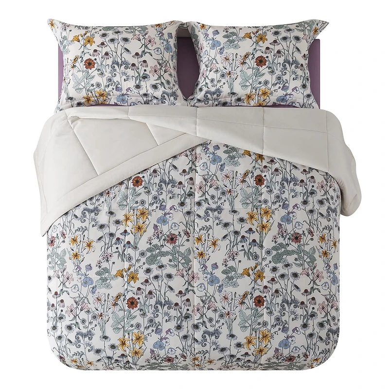 Mainstays All in One Reversible Comforter and Sheet Set, 7-Piece, Full, White Multi Floral