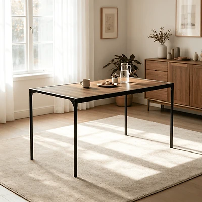 Homy Casa 47.2" Industrial Rectangular Dining Table for 4, Espresso 3D Wood-Grain Top, Black Metal Frame