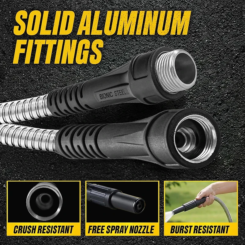 Bionic Steel 50 Foot 5/8 inch 500 PSI Kink Free Stainless Steel Garden Hose Easy Coil Storage