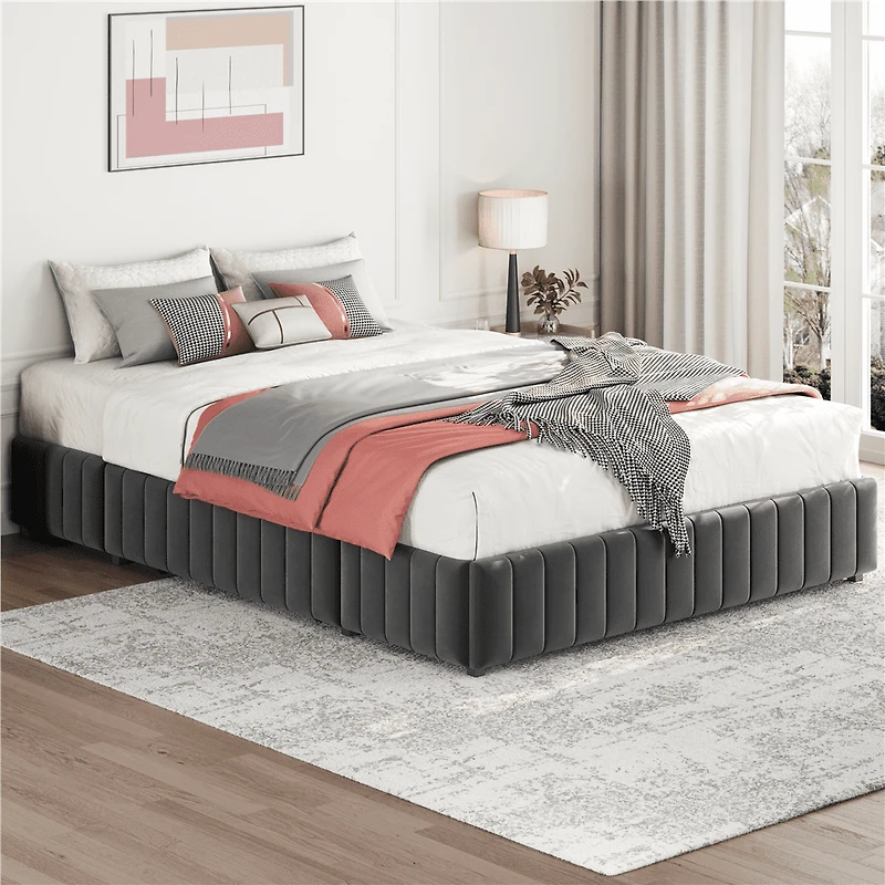 Fullfurnique Upholstered Platform Bed Frame with Three Storage Drawers, Full, Dark Gray