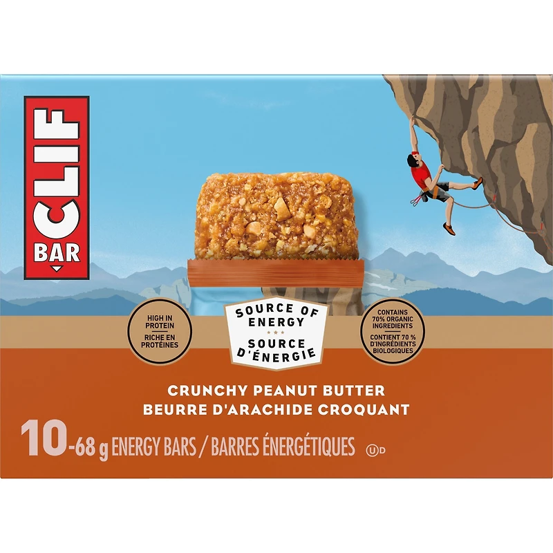 CLIF BAR Energy Bars, Crunchy Peanut Butter, Granola Bar, High in Protein, Contains 70% Organic Ingredients Box of 10 Bars