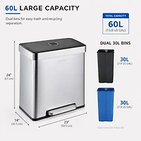 Step N’ Sort 60L Dual Trash & Recycling Bin – 2 x 30L Kitchen Garbage Can, Hands-Free Step Pedal, Soft-Close Lid, Fingerprint-Resistant Stainless Steel