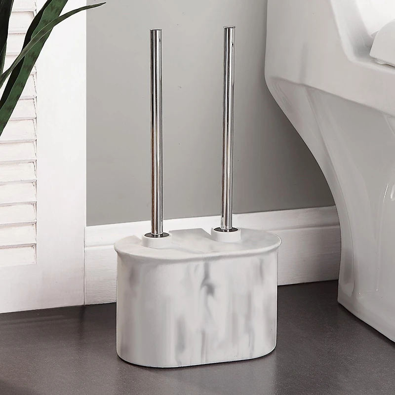 hometrends Faux Marble White Toilet Plunger and Bowl Brush Set,  with metal handle and sandstone holder for bathroom use