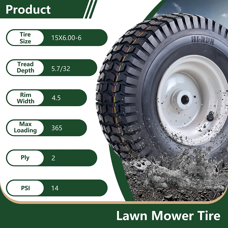 Hi-Run SU12 15X6.00-6 2PR Light Duty Lawn and Garden Tire & Wheel Assembly 3/4" Bushing