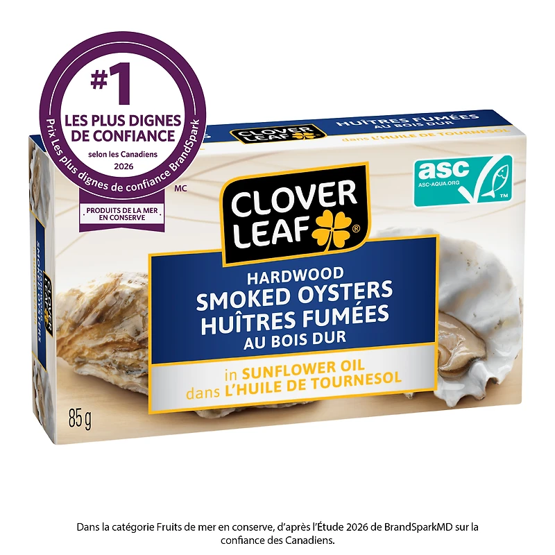 Clover Leaf Hardwood Smoked Oysters in Sunflower Oil 85g. ASC Certified. High in Protein. Canned Seafood. Gluten Free.