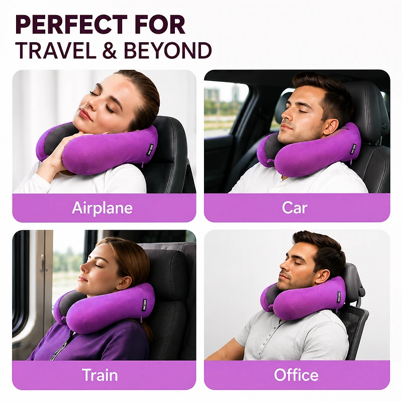 Oreiller cervical ergonomique en mousse mémoire Dizz One pour le voyage, se plie de façon compacte, violet
