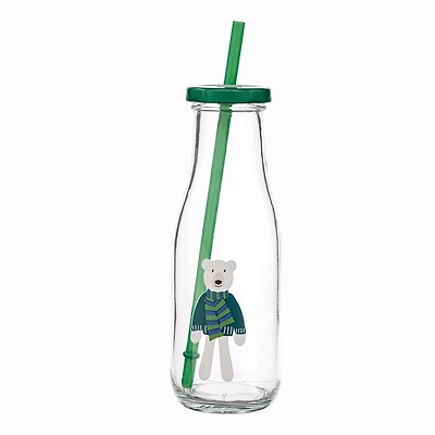 Holiday Time Bouteille de lait en verre Bear avec paille 14oz