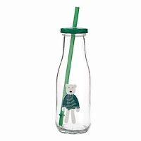 Holiday Time Bear Glass Milk Bottle with Straw 14oz