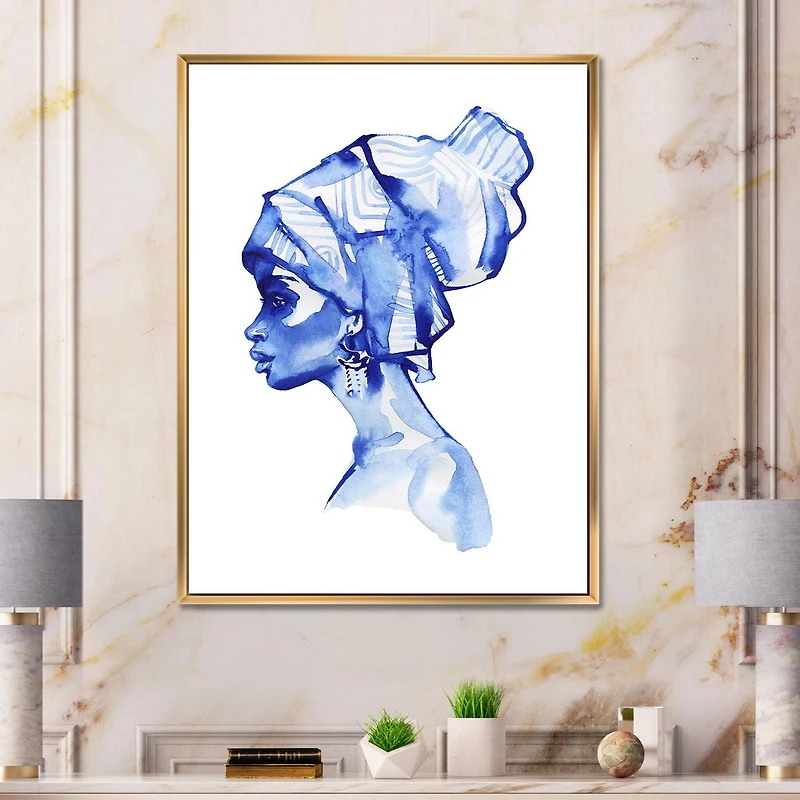 Designart Blue Fashion Portrait of Afro American Woman FLOAT FRAME WALL ART