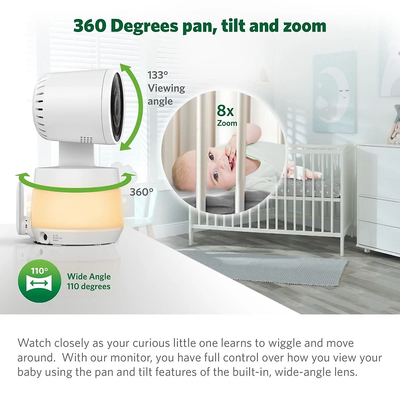 LeapFrog LF925HD Moniteur de bébé Wi-Fi 1080p panoramique à 360 degrés et inclinaison à affichage haute définition 720p de 5 po, veilleuse, vision nocturne couleur, (blanc)