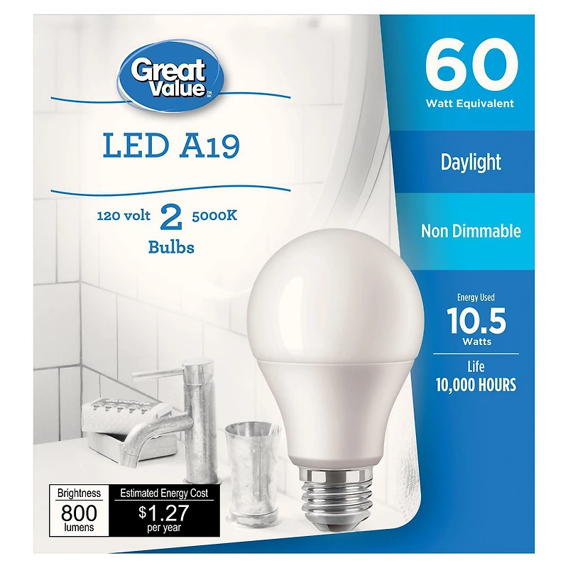 Great Value 60W A19 Daylight LED bulbs 2-pack