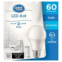 Great Value 60W A19 Daylight LED bulbs 2-pack