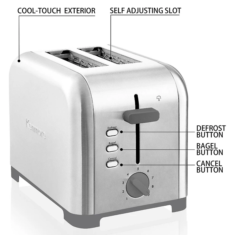 Kenmore 2-Slice Stainless Steel Toaster, Silver & Grey, Extra Wide Slots, Bagel & Defrost Functions