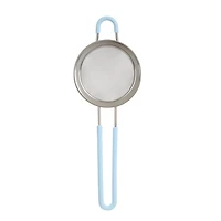 Mainstays Fine Mesh Drain and Catch Strainer with Silicone Covered Handle, 23.8 cm Basket, Hands-free Hook, Kitchen Tool, Blue