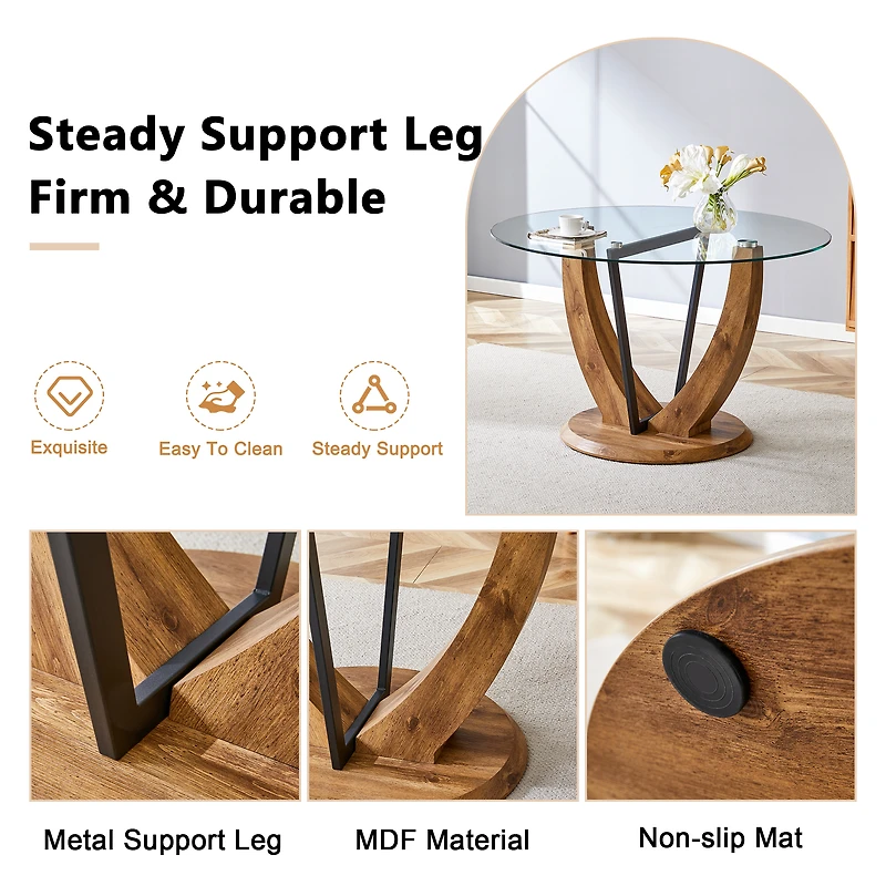 Noble House 48" Round Glass Dining Table,Tempered Glass Top 0.4" Thick,Transparent+Wood