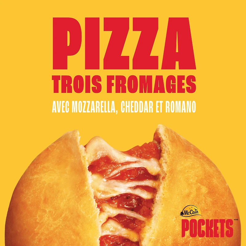 McCain® Pizza Pockets® Three Cheese, Made in Canada from domestic and imported ingredients, 12 x 100g