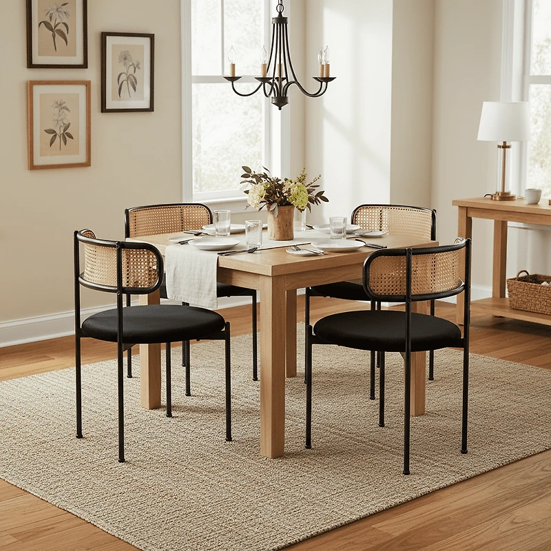 Noble House Set of 4 Velvet Dining Chairs with PE Rattan Backrest, Sturdy Metal Legs,Black+Natural